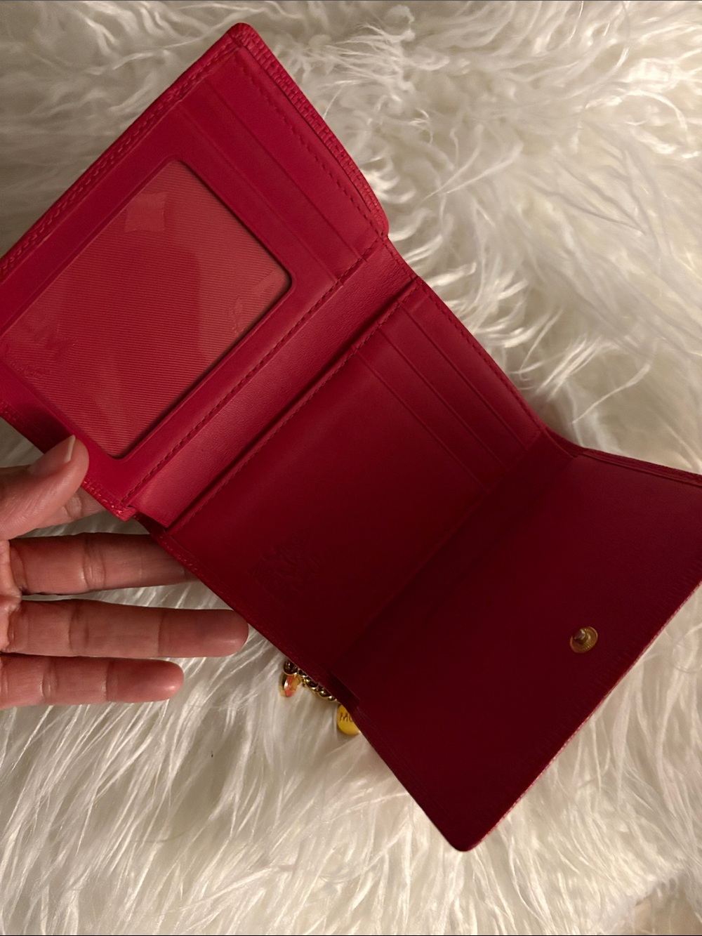 MCM Compact Hot Pink Textured Leather Trifold Wallet with Gold Charms - Picture 3 of 9